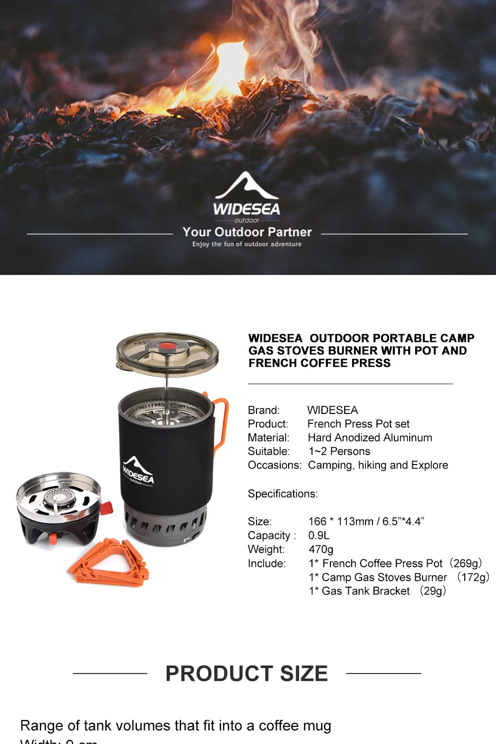 Widesea Portable Camping Coffee Maker Set French Press 0.9L Coffee Pot 1100BTU Gas Stove with Anti-scalding Cover for Outdoor Hi