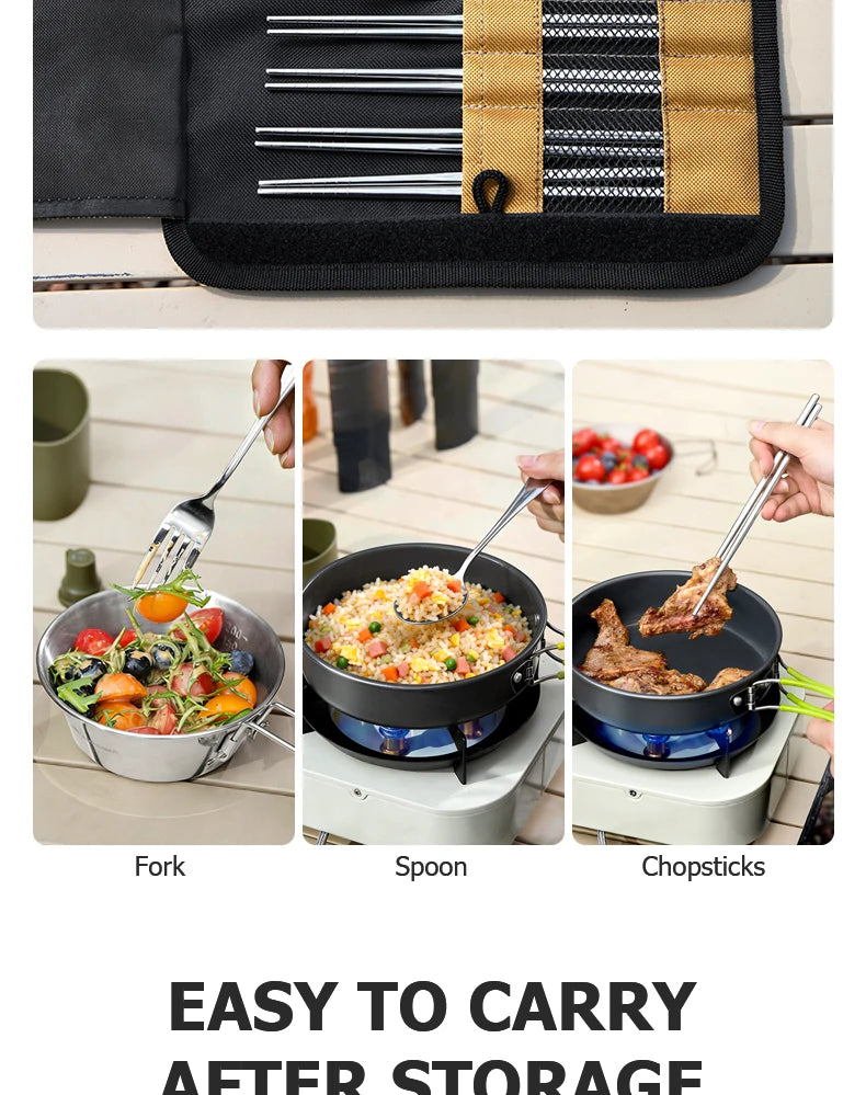 BISINNA Camping Cutlery Set 304 Stainless Steel Spoon Chopsticks Fork with Storage Bag for Outdoor Picnic Travel Tableware
