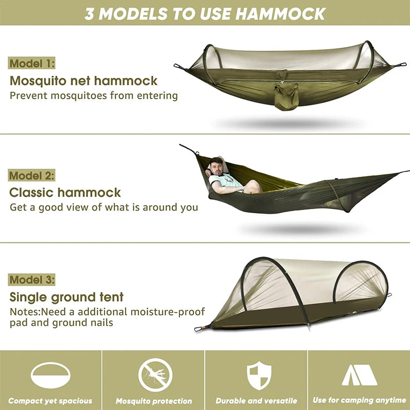 WESTTUNE Outdoor Camping Hammock with Mosquito Net Automatic Quick Opening Hanging Hammocks Fabric Hanging Sleeping Swing Bed