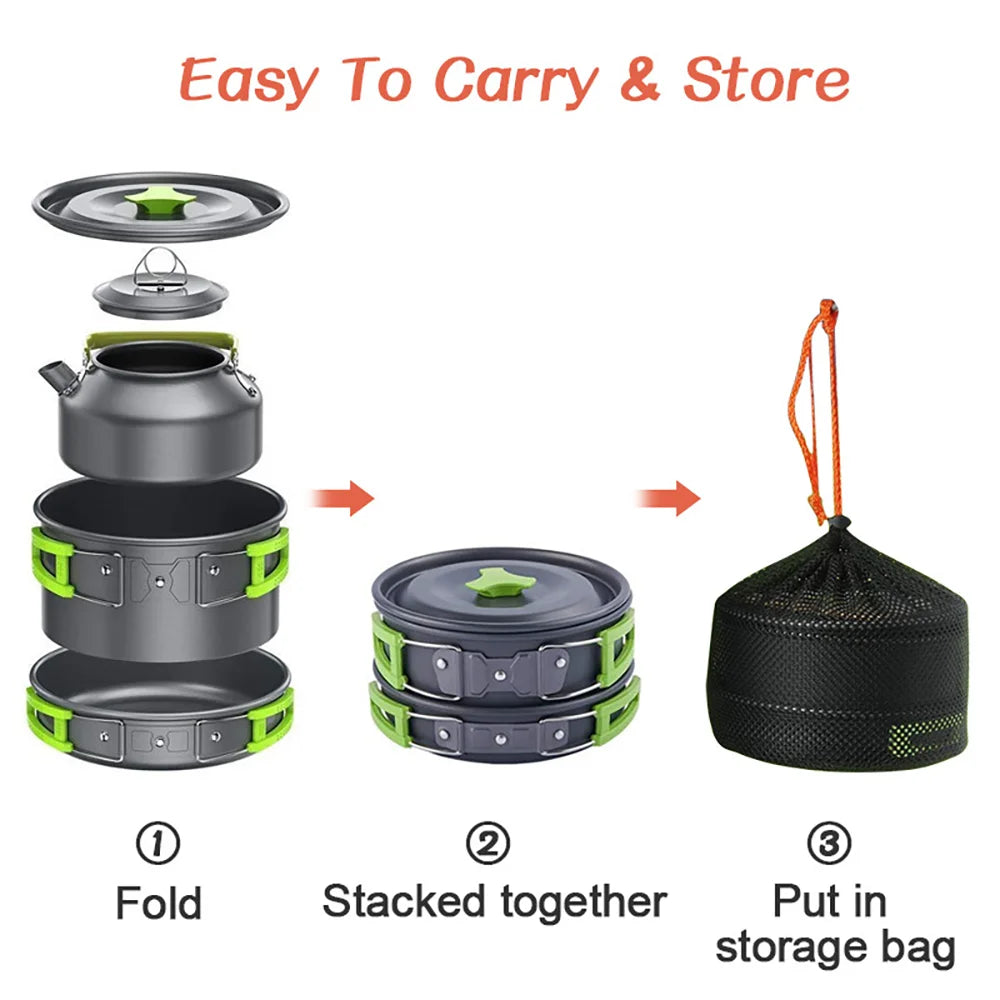 Camping Cooking Set Camping Cookware Travel Tableware Outdoor Picnic Set Teapot For 2-3 People Non-Stick Pots Assorted Sets