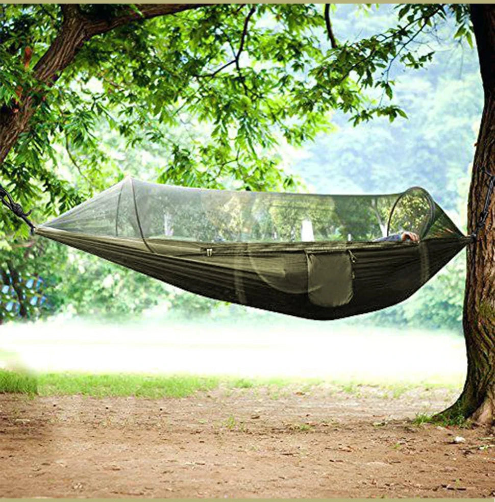 WESTTUNE Outdoor Camping Hammock with Mosquito Net Automatic Quick Opening Hanging Hammocks Fabric Hanging Sleeping Swing Bed