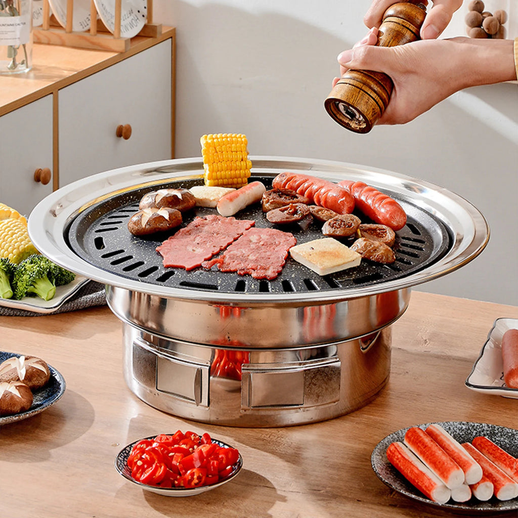 13 Inch Korean BBQ Grill Multifunctional Charcoal Barbecue Grill Round Camping Grill Stove Tabletop Smoker Grill Grilled Net