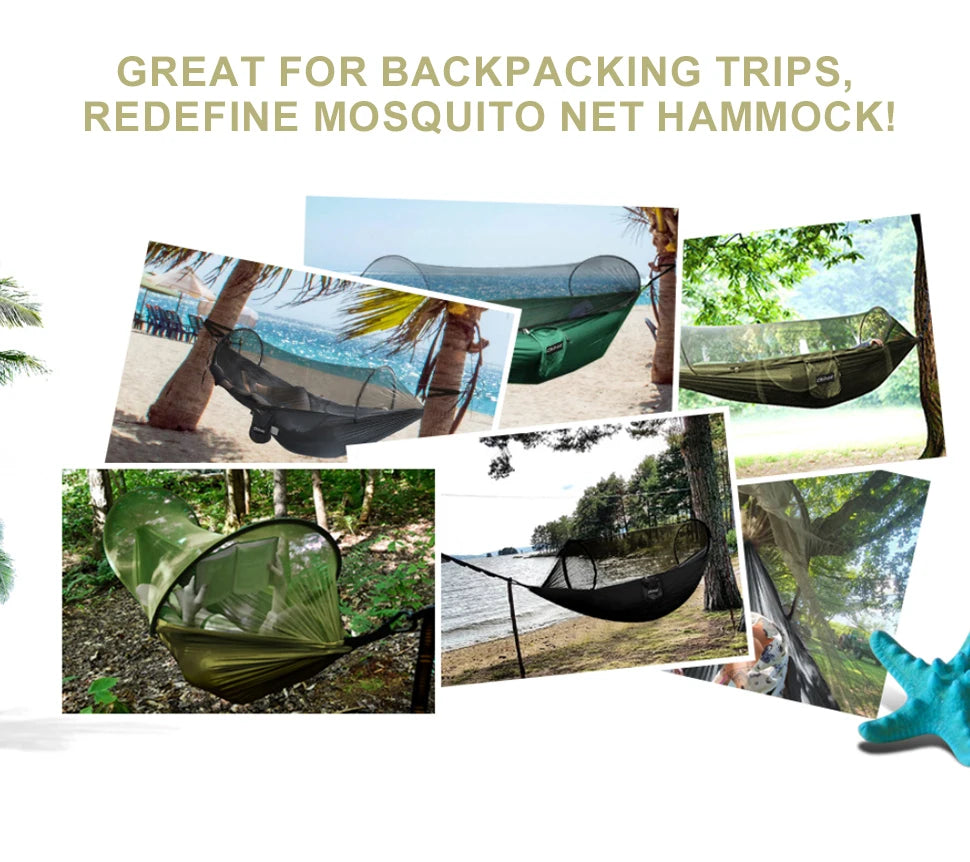WESTTUNE Outdoor Camping Hammock with Mosquito Net Automatic Quick Opening Hanging Hammocks Fabric Hanging Sleeping Swing Bed