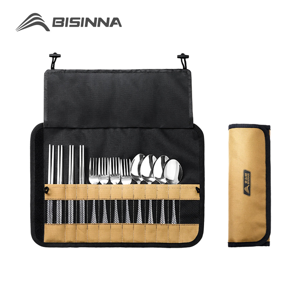 BISINNA Camping Cutlery Set 304 Stainless Steel Spoon Chopsticks Fork with Storage Bag for Outdoor Picnic Travel Tableware