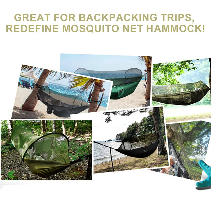 WESTTUNE Outdoor Camping Hammock with Mosquito Net Automatic Quick Opening Hanging Hammocks Fabric Hanging Sleeping Swing Bed