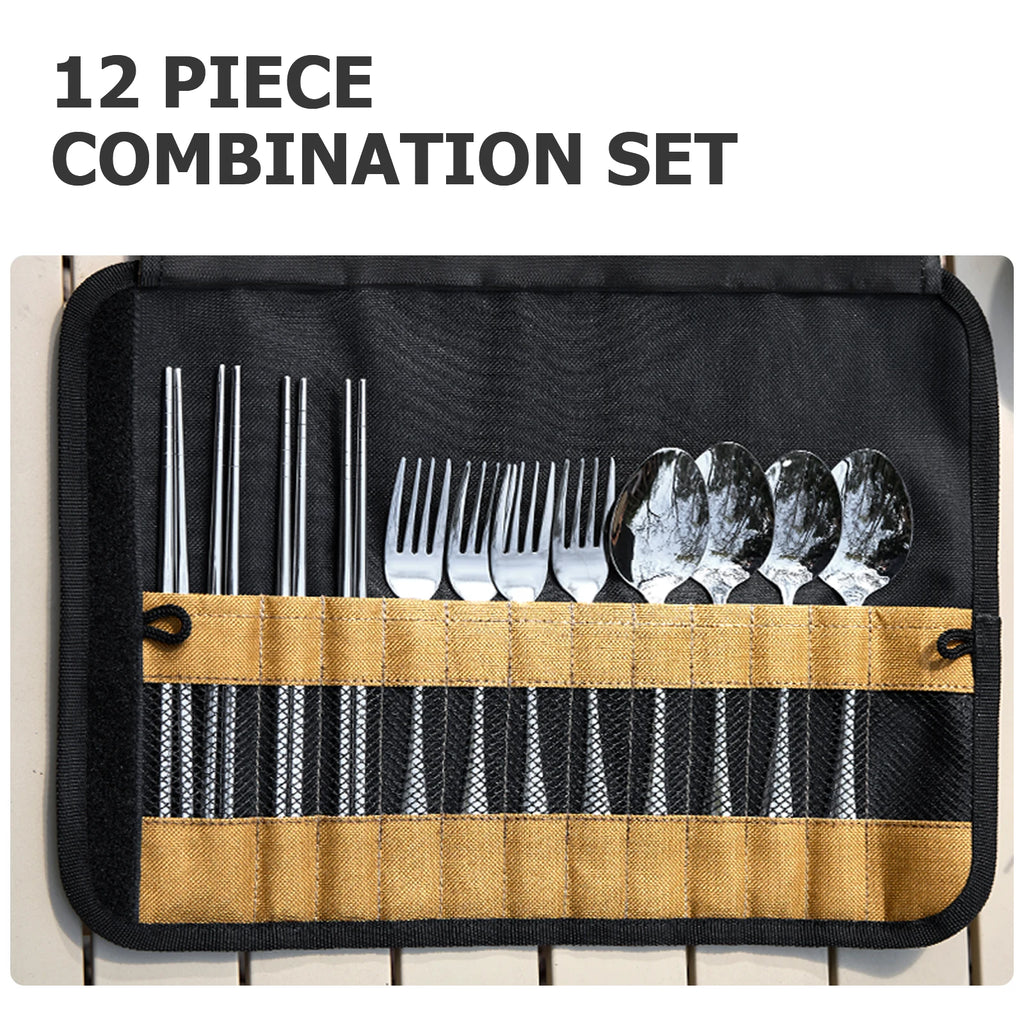 BISINNA Camping Cutlery Set 304 Stainless Steel Spoon Chopsticks Fork with Storage Bag for Outdoor Picnic Travel Tableware