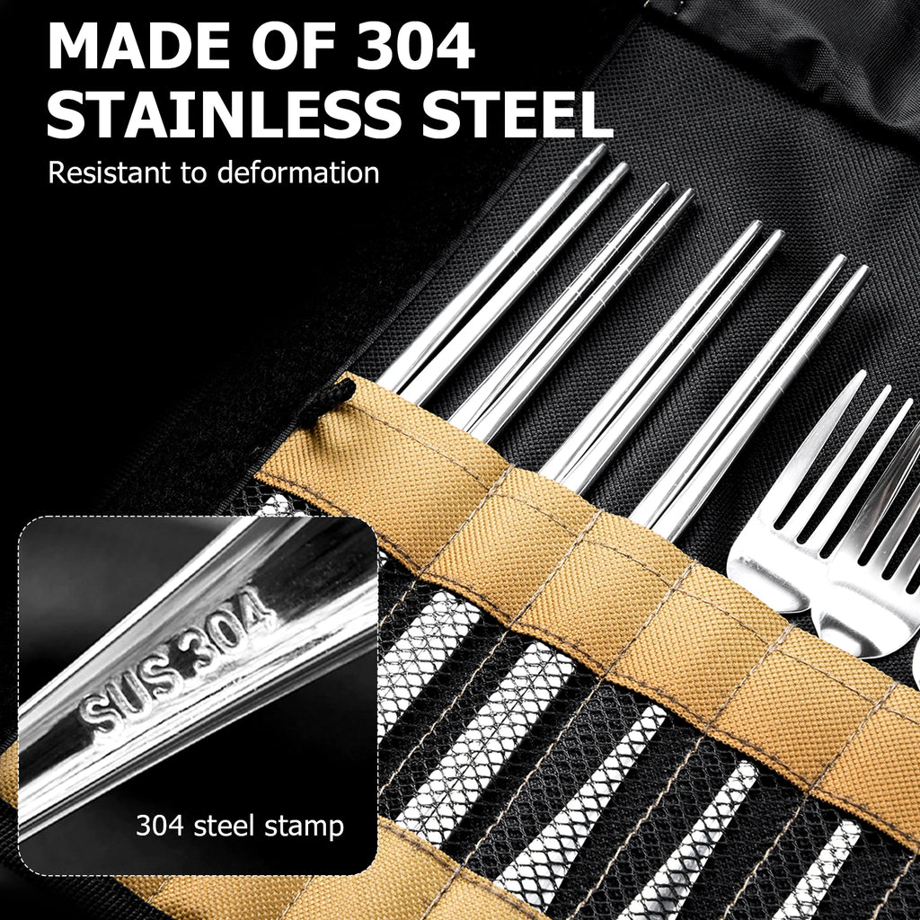BISINNA Camping Cutlery Set 304 Stainless Steel Spoon Chopsticks Fork with Storage Bag for Outdoor Picnic Travel Tableware