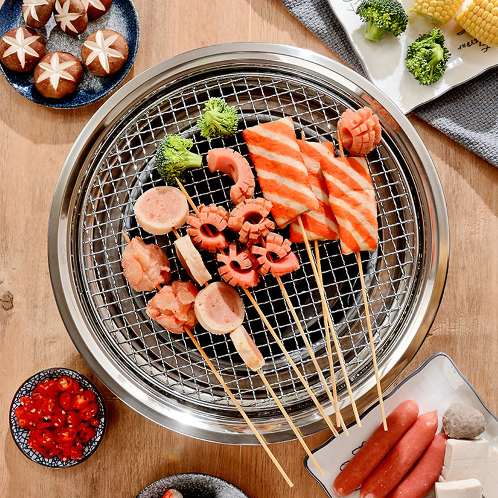 13 Inch Korean BBQ Grill Multifunctional Charcoal Barbecue Grill Round Camping Grill Stove Tabletop Smoker Grill Grilled Net