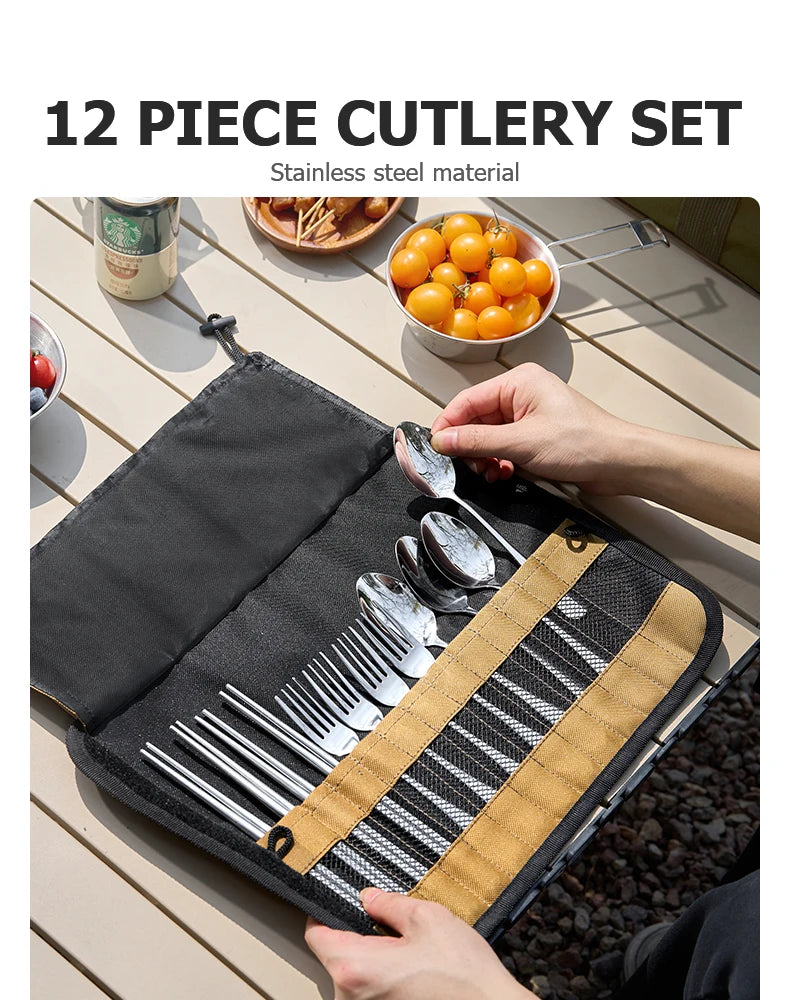 BISINNA Camping Cutlery Set 304 Stainless Steel Spoon Chopsticks Fork with Storage Bag for Outdoor Picnic Travel Tableware
