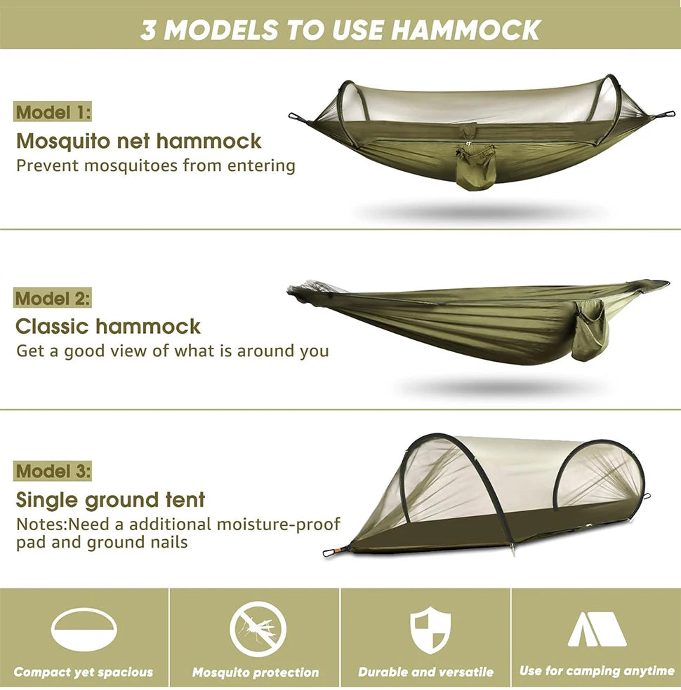 WESTTUNE Outdoor Camping Hammock with Mosquito Net Automatic Quick Opening Hanging Hammocks Fabric Hanging Sleeping Swing Bed
