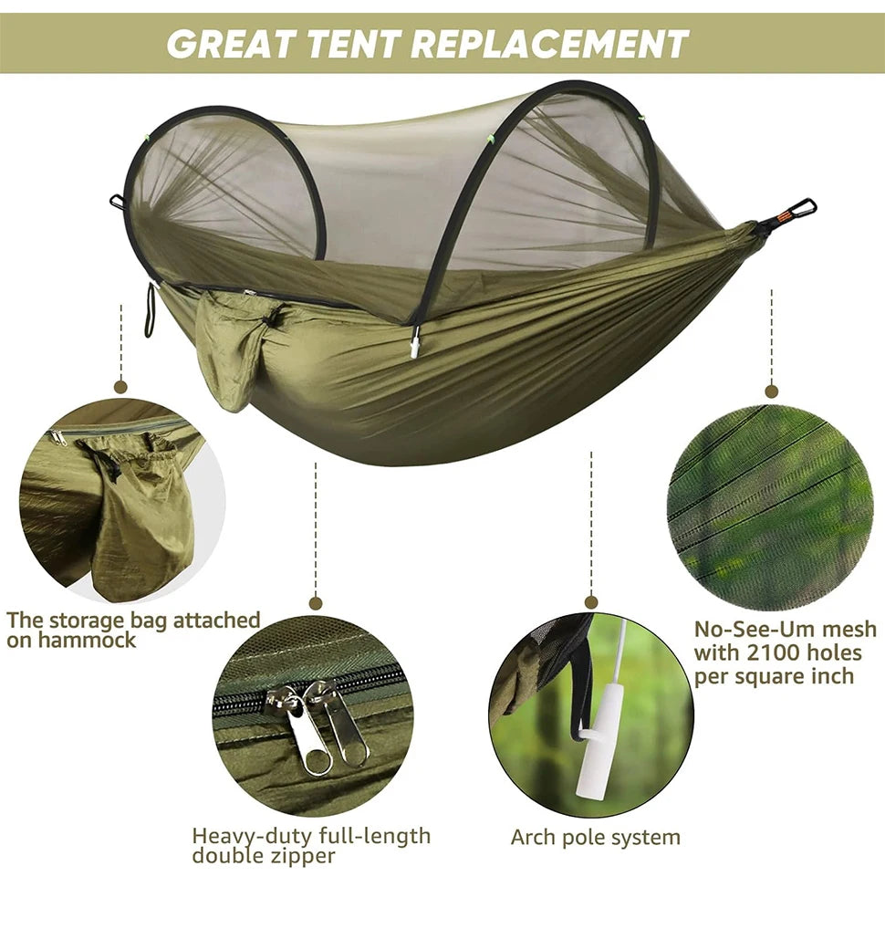 WESTTUNE Outdoor Camping Hammock with Mosquito Net Automatic Quick Opening Hanging Hammocks Fabric Hanging Sleeping Swing Bed