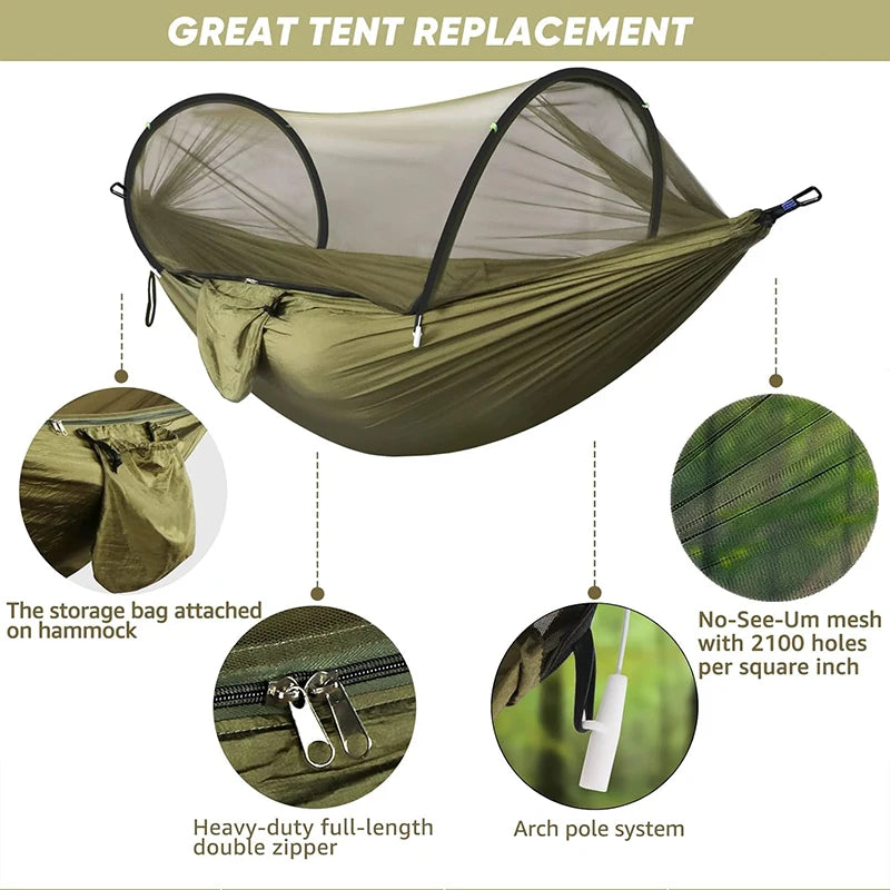 WESTTUNE Outdoor Camping Hammock with Mosquito Net Automatic Quick Opening Hanging Hammocks Fabric Hanging Sleeping Swing Bed