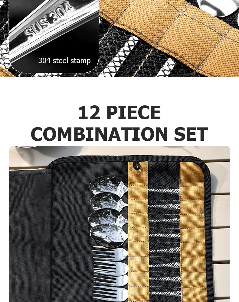 BISINNA Camping Cutlery Set 304 Stainless Steel Spoon Chopsticks Fork with Storage Bag for Outdoor Picnic Travel Tableware