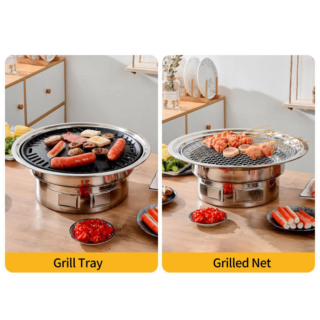 13 Inch Korean BBQ Grill Multifunctional Charcoal Barbecue Grill Round Camping Grill Stove Tabletop Smoker Grill Grilled Net