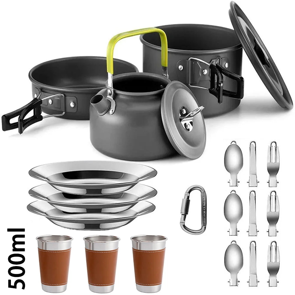 Camping Cooking Set Camping Cookware Travel Tableware Outdoor Picnic Set Teapot For 2-3 People Non-Stick Pots Assorted Sets