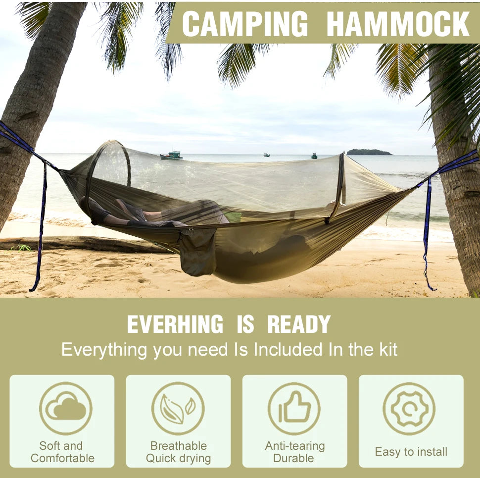 WESTTUNE Outdoor Camping Hammock with Mosquito Net Automatic Quick Opening Hanging Hammocks Fabric Hanging Sleeping Swing Bed