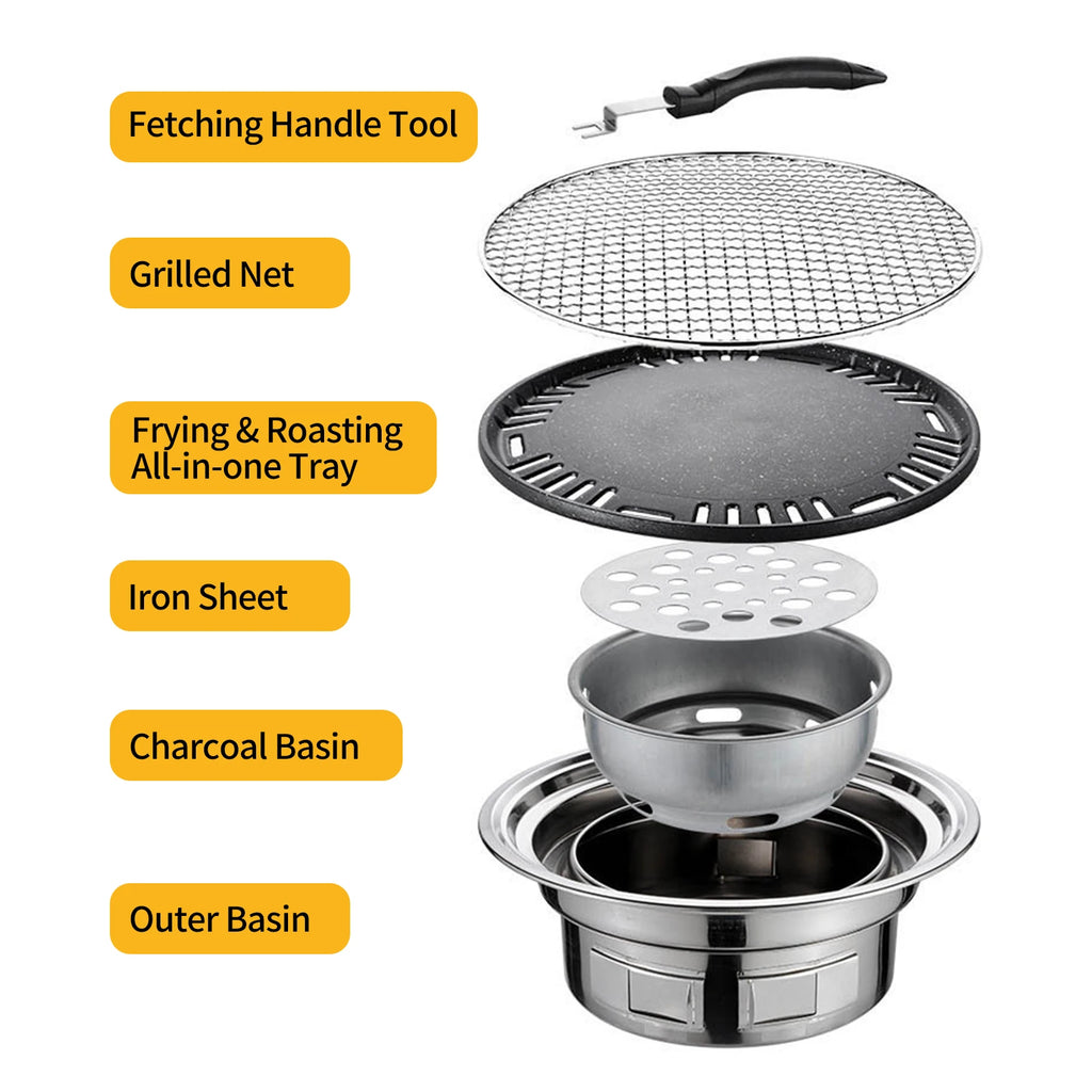 13 Inch Korean BBQ Grill Multifunctional Charcoal Barbecue Grill Round Camping Grill Stove Tabletop Smoker Grill Grilled Net