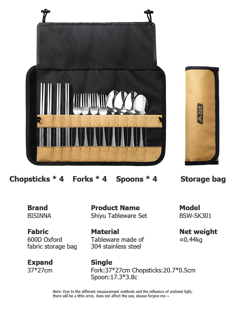 BISINNA Camping Cutlery Set 304 Stainless Steel Spoon Chopsticks Fork with Storage Bag for Outdoor Picnic Travel Tableware